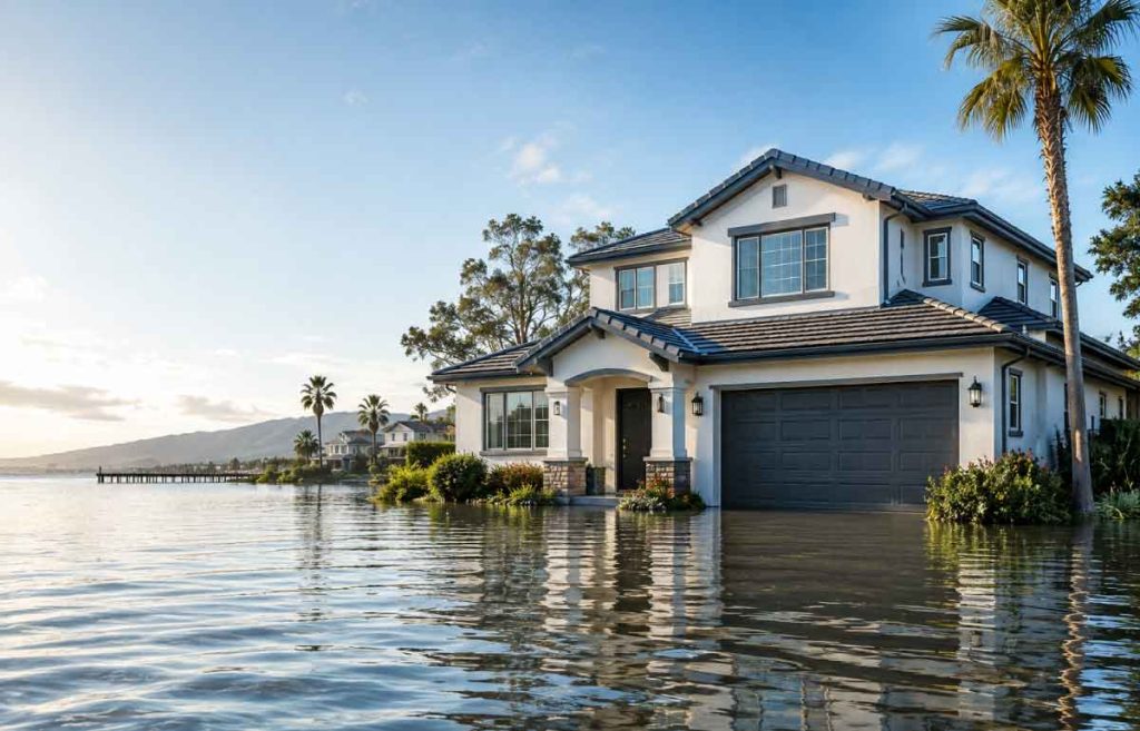 California home surrounded by floodwater, representing private flood insurance coverage for California property owners.